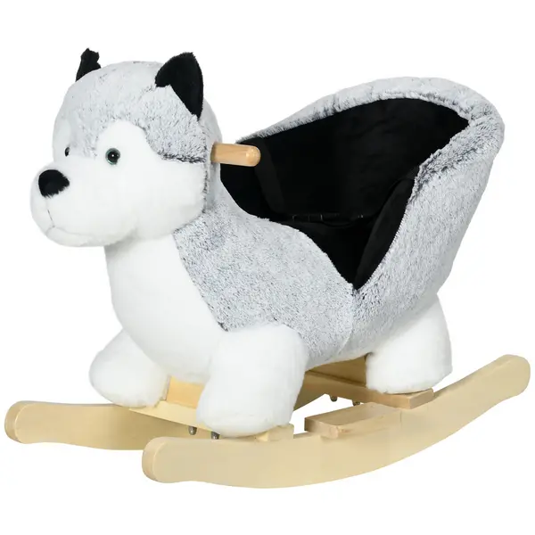 Image of HOMCOM Baby Rocking Horse, Husky-shaped Plush Wooden Child Rocking Animal w/ Seat Belt, Ride on Toy for Kids 18-36 Months, Grey