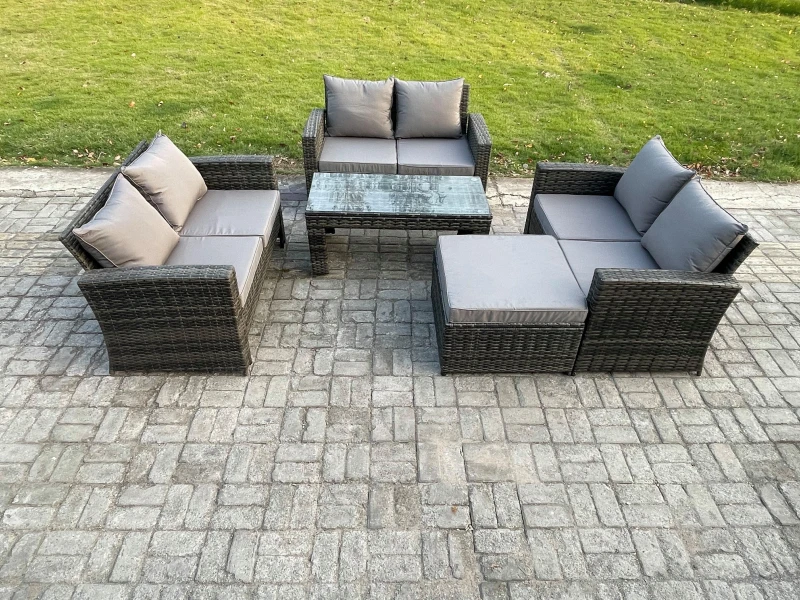 Image of Fimous 7 Seater Rattan Wicker Garden Furniture Patio Conservatory Sofa Set with Coffee Table Double Seater Sofa Big Footstool in Dark Grey Dark Grey U