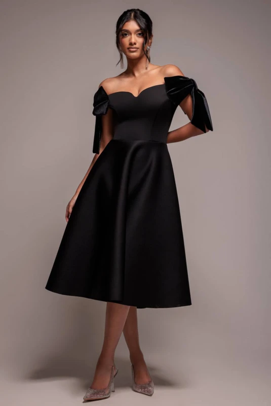 Image of Goddiva Womens Scuba Off-The Shoulder Velvet Bow Skater Midi Dress in Black Size: 10 Black Female 10