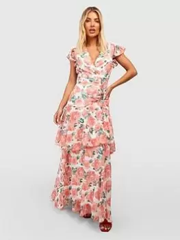 Image of Boohoo Floral Chiffon Ruffle Maxi Dress - Coral, Orange, Size 12, Women
