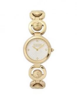 image of Versus Versace White Guilloche Swarovski Dial Gold Stainless Steel 3D Lion Head Bracelet Ladies Watch