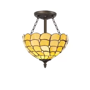 Image of 3 Light Semi Flush Ceiling E27 With 30cm Tiffany Shade, Beige, Clear Crystal, Aged Antique Brass