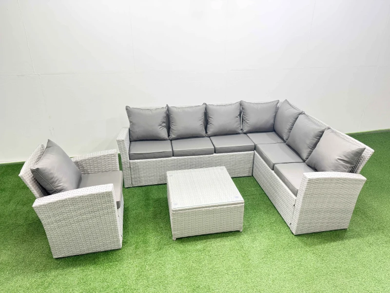 Image of Fimous Rattan Garden Outdoor Furniture Set 7 Seater Rattan Garden Sofa Set in Light Grey Light Grey Unisex