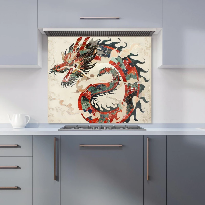 Image of Warren Reed - Designer Majestic Chinese Dragon Swirl Kitchen Splashback Size: 600mm x 750mm Multicolor Unisex 600mm x 750mm