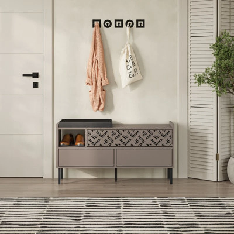 Image of Decortie Heaton Shoe Bench Mocha Grey W/ Fabric Cushion Seat 3-Door Storage Cabinet 111(W)X37(D)X56.5(H)Cm Metal Legs Hallway