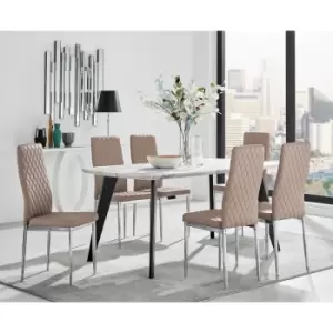 Image of Furniturebox UK - Andria Black Leg Marble Effect Dining Table and 6 Cappuccino Milan Chairs - Cappuccino