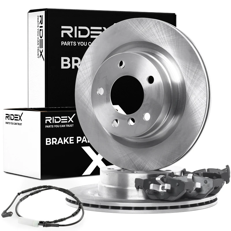 Image of RIDEX 3405B0459 Brake disc and pads set Rear Axle, Brake Disc Type: Vented, prepared for wear warning indicator, with piston clip Low-Metallic Brake S
