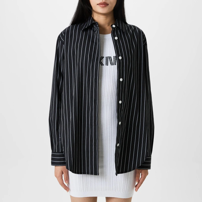 Image of DKNY Womens Long Sleeve Plain Shirt BK/GRY STRIPES female 8 (XS)