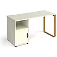 image of Rectangular Straight Desk with Sleigh Frame and Cupboard White Wood/Metal Sleigh Legs Brass Cairo 1400 x 600 x 730mm