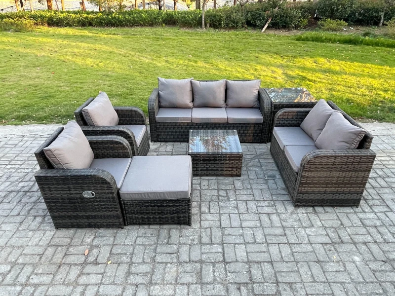 Image of Fimous 8 Seater Garden Furniture Set Rattan Outdoor Lounge Sofa Chair With Tempered Glass Table Big Footstool Side Table Dark Grey Mixed Dark Grey