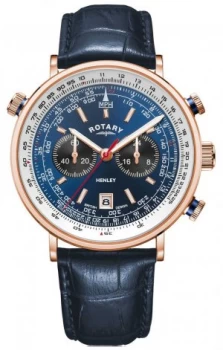Image of Rotary Mens Henley Rose Gold PVD Case Blue Leather Watch