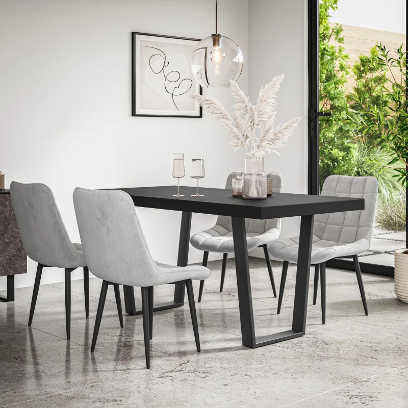 Image of More4Homes Aria Dining Table And Chairs - Black Table Top W Black Legs + Nova Velvet Dining Chair Set Of 4 (Grey)