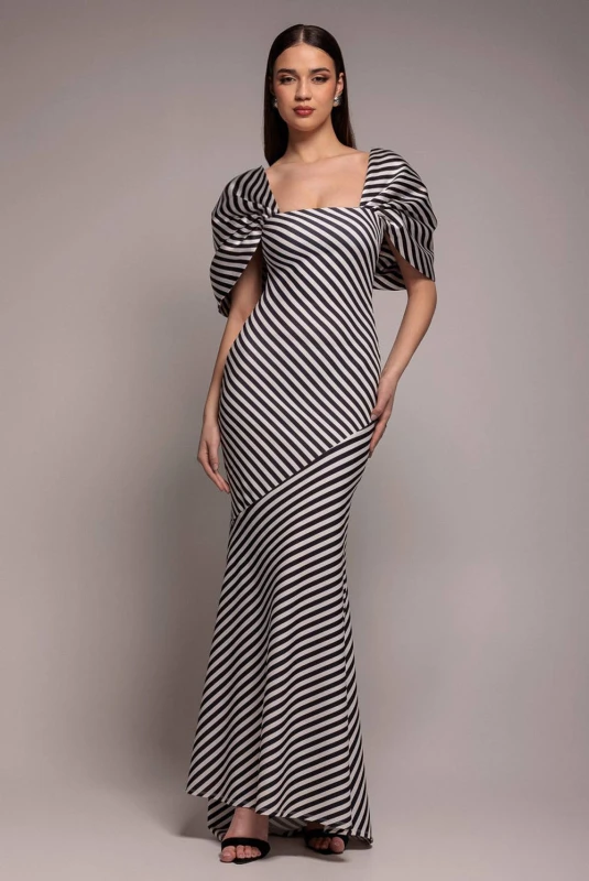 Image of Goddiva Womens Stripe Off-Shoulder Bow Back Satin Bow Maxi Dress Size: 8 Multicolor Female 8