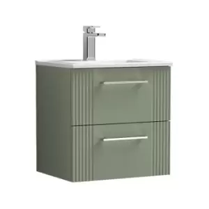 image of Nuie Deco Satin Green 500mm Wall Hung 2 Drawer Vanity Unit with 18mm Profile Basin - DPF892B - Satin Reed Green