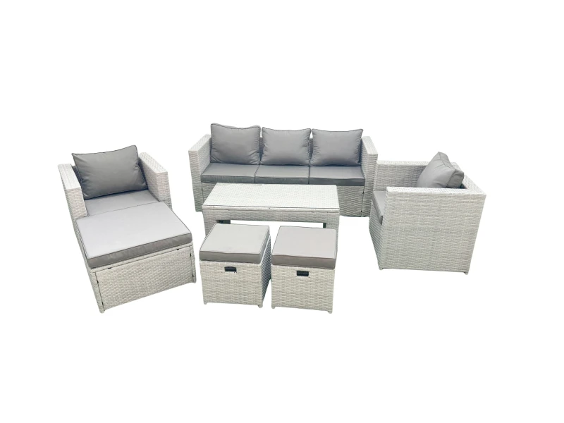 Image of Fimous Rattan Garden Furniture Set 8 Seater Outdoor Garden Sofa Oblong Coffee Table Set with 2 Chairs 3 Stools Light Grey Mixed Light Grey