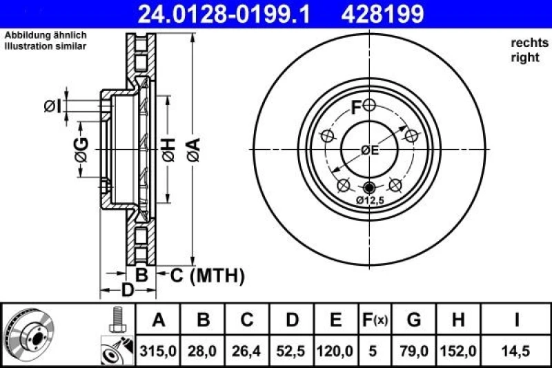 Image of ATE 24.0128-0199.1 Brake disc Vented, Coated, High-carbon, with bolts/screws Brake Disc (82)