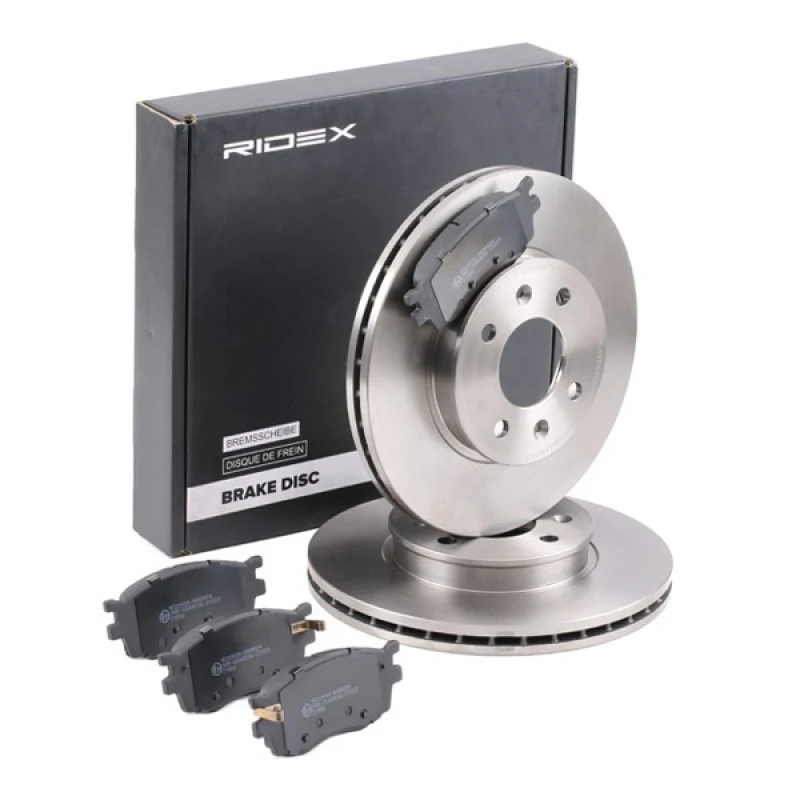 Image of RIDEX 3405B1437 Brake disc and pads set Front Axle, Brake Disc Type: internally vented, with acoustic wear warning Brake Set,disc brakes (3405)