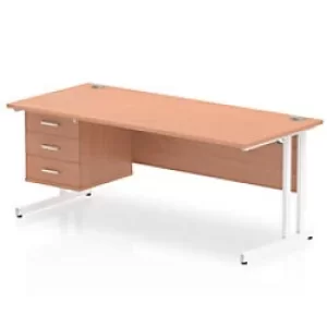 Image of Dynamic Rectangular Office Desk Beech MFC Cantilever Leg White Frame Impulse 1 x 3 Drawer Fixed Ped 1800 x 800 x 730mm