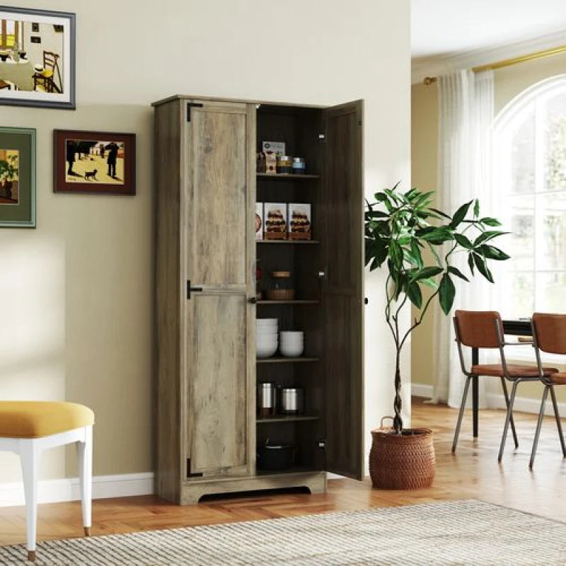 Image of HOMCOM Farmhouse Kitchen Cupboard, Kitchen Cabinet, Grey Wood-Effect Grey