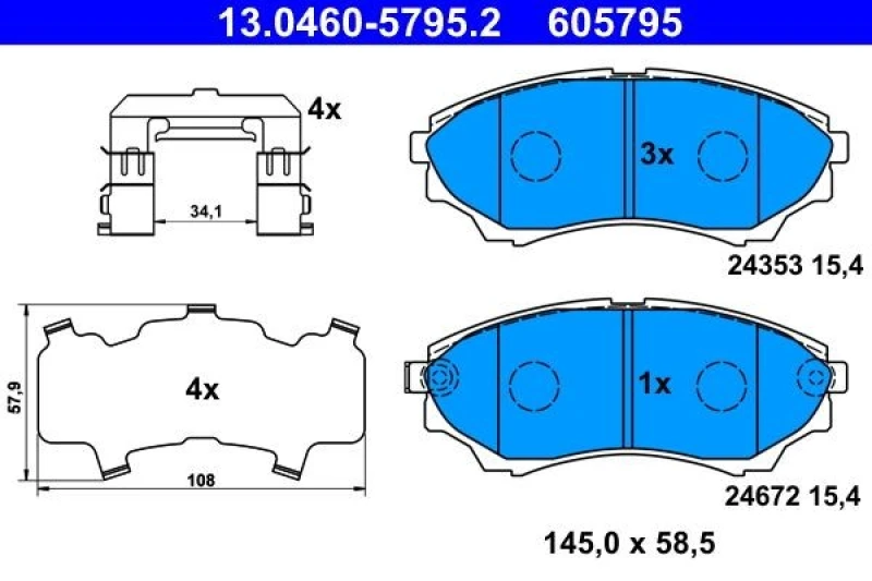 Image of ATE 13.0460-5795.2 Brake pad set with acoustic wear warning, with accessories, with anti-squeak plate Brake Pad Set,disc brake (402)