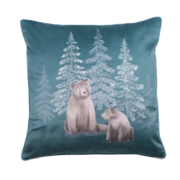 Image of Lodge Bear Walks Cushion Teal (Green)