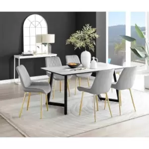 Image of Furniture Box Carson White Marble Effect Dining Table and 6 Grey Pesaro Gold Leg Chairs