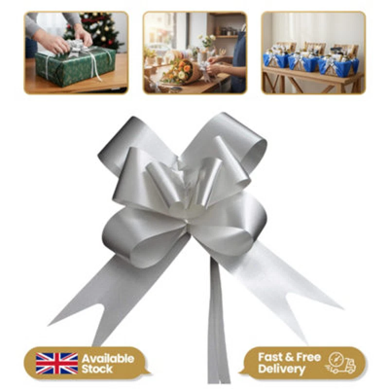 Image of Shatchi Large 50mm/5cm Ribbon Pull Bows for All Occation Decoration , Silver, 10PK Silver unisex