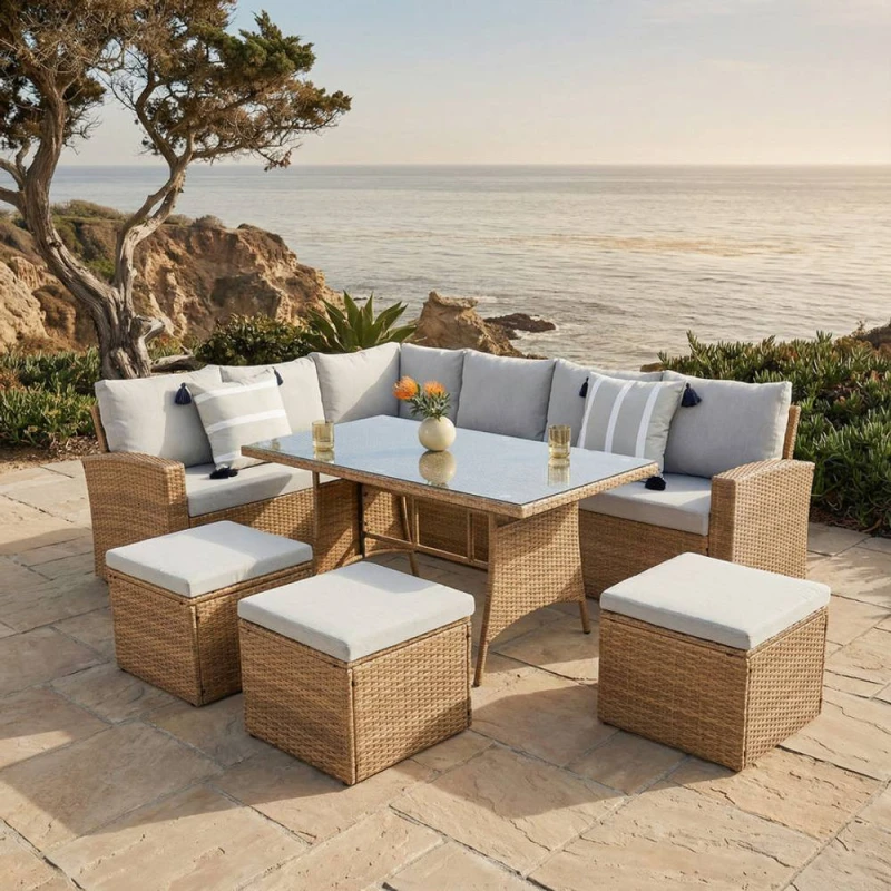 Image of Home Garden Direct Pelias Rattan Corner 8 Seater Outdoor Sofa Dining Set Brown Brown Unisex