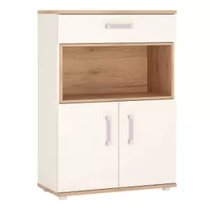 image of 4Kids 2 Door 1 Drawer Cupboard With Open Shelf In Light Oak And White High Gloss (Lilac Handles)