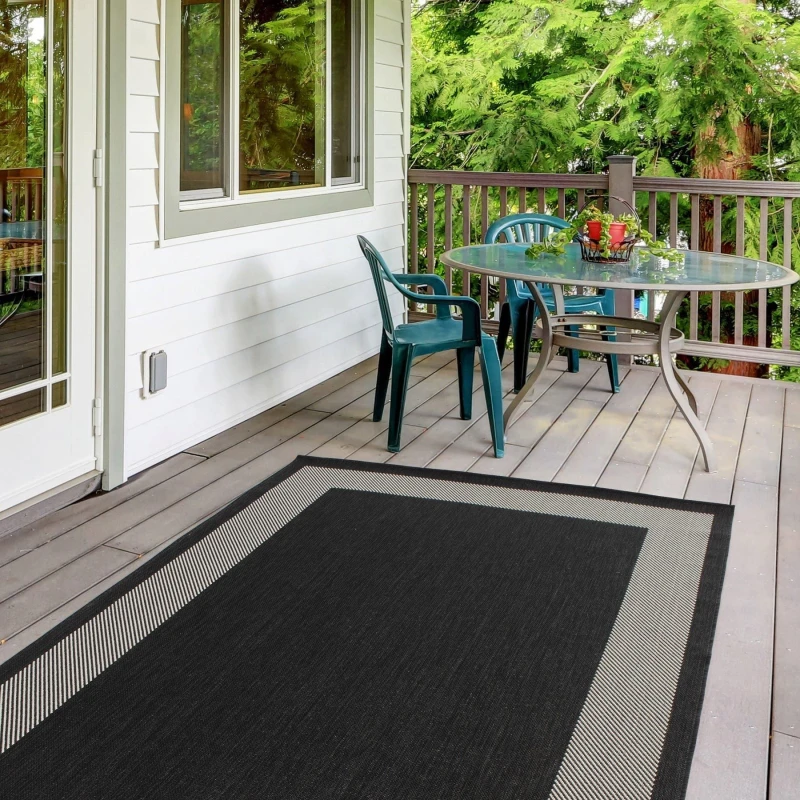 Image of THE RUGS Outdoor Indoor Black Bordered Rug Weatherproof Jet Washable Size: 120cm x 170cm Black Unisex 120cm x 170 cm