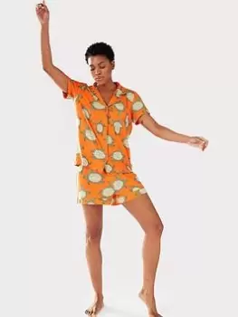 Image of CHELSEA PEERS Short Sleeve Revere & Short Printed Poly Set, Orange, Size 10, Women