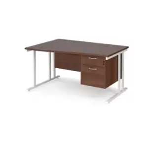 image of Office Desk Left Hand Wave Desk 1400mm With Pedestal Walnut Top With White Frame Maestro 25 MC14WLP2WHW