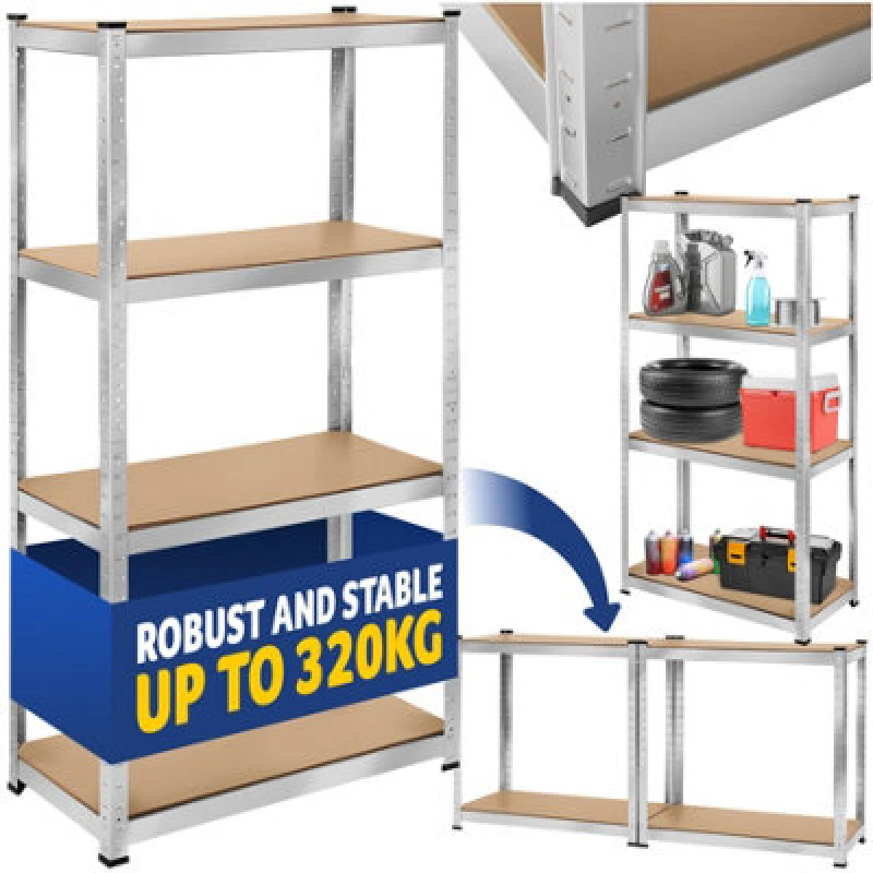 Image of Tectake Garage Shelving - Heavy-Duty Galvanised Steel Frame, Height-Adjustable Shelves - 80 X 40 X 160 Cm - 320 Kg - Silver