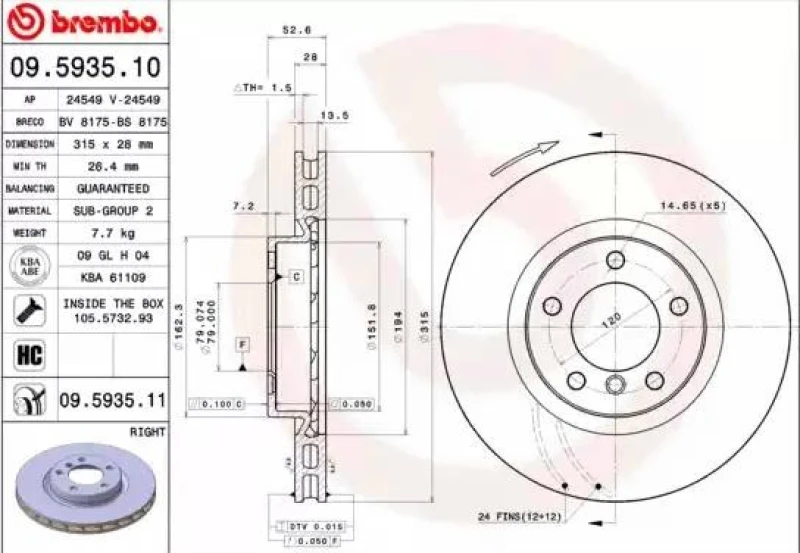 Image of BREMBO 09.5935.11 Brake disc internally vented, Coated, with bolts/screws Brake Disc (82)