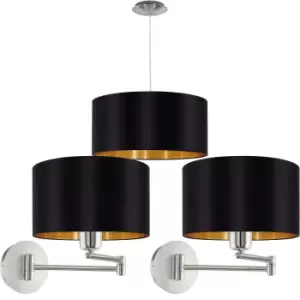 Image of Ceiling Pendant & 2x Matching Wall Lights Black & Gold Fabric Feature Shade