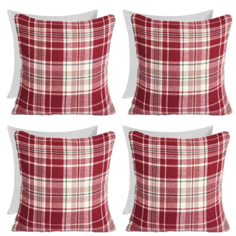Image of OHS OHS Woven Check Cushion Covers Tartan Pack of 4 Filled Case Pad Set Home in Red Size: 45cm x 45cm Red 45cm x 45cm Unisex 5027434208111