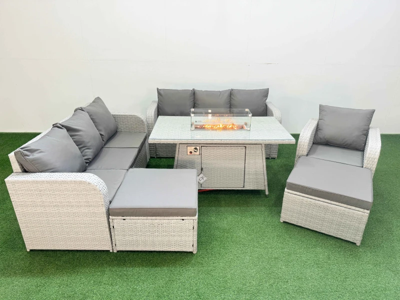 Image of FIMOUS Fimous - 9 Seater Poly Rattan Outdoor Garden Furniture Firepit Dining Table Sofa Set Patio 3 Seater Sofa Reclining Chair 3 Seater Sofa 2 Big 40