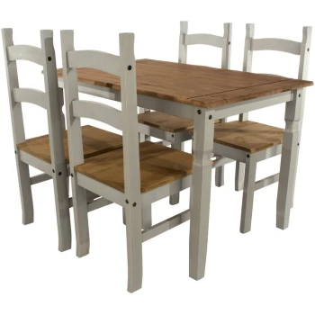 Image of Coronagrey - Dining Set With Grey Solid Waxed Pine Rectangle Table & 4 Matching Dining Chairs