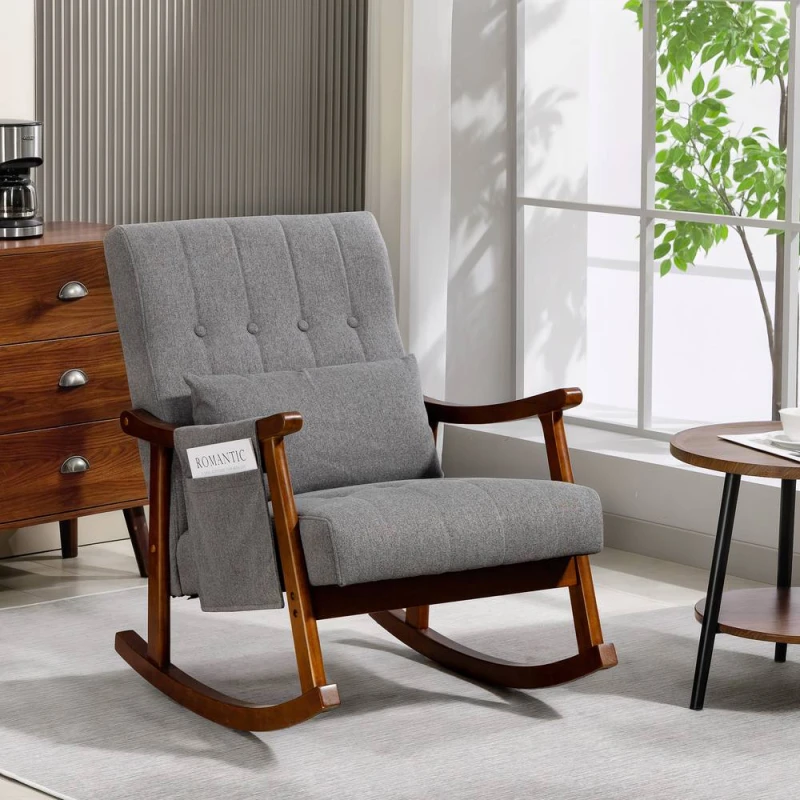 Image of HOMCOM Modern High Back Rocking Chair with Solid Wood Legs in Grey Grey Unisex