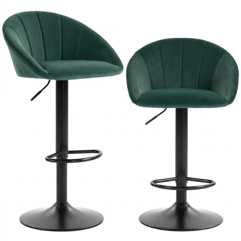 Image of HOMCOM Bar Stools Set of 2 Adjustable Swivel Velvet Breakfast Bar Stools with Backrest, Dark Green