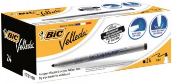 image of Bic Velleda 1721 Dry Wipe Bullet Tip Whiteboard Marker Pens Black Pack of 24 Markers