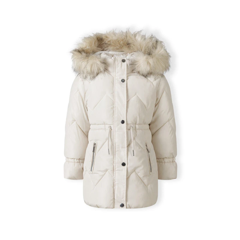 Image of Minoti Girls mid length quilted winter jacket with faux fur hood grey Stone female 7-8 Yrs