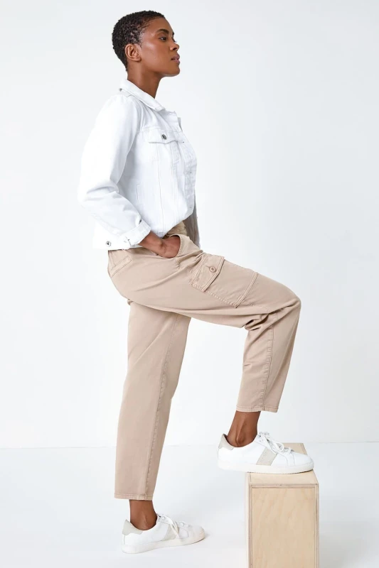 Image of Roman Womens Cotton Cargo Stretch Trousers in Natural Size: 14 Natural Female 14