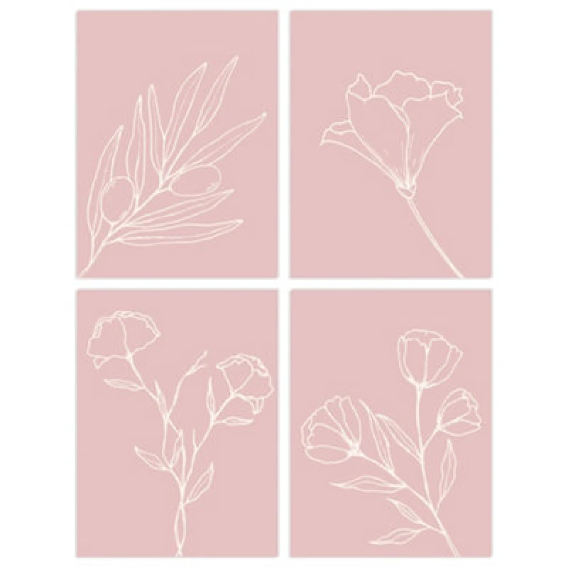 Image of Wee Blue Coo Wall Art Print Set Of 4 Minimalist Wildflower Outline Cream On Pastel Pink Simple Floral Wall Art