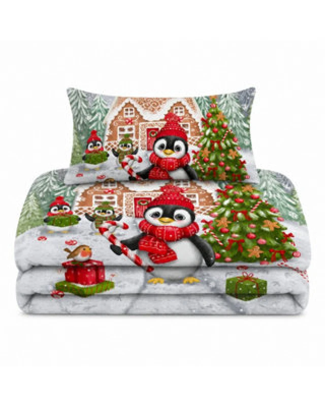 Image of Velosso Multi Sweet Penguin Candy Cane Duvet Cover And Pillowcase Set Single