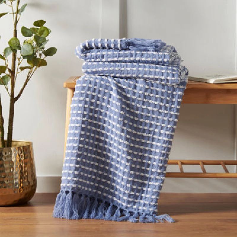 Image of Catherine Lansfield Catherine Lansfield 'Stab Stitch' Blanket Throw in Blue Size: 125cm x 150cm Blue 125cm x 150cm Unisex 5057681173689