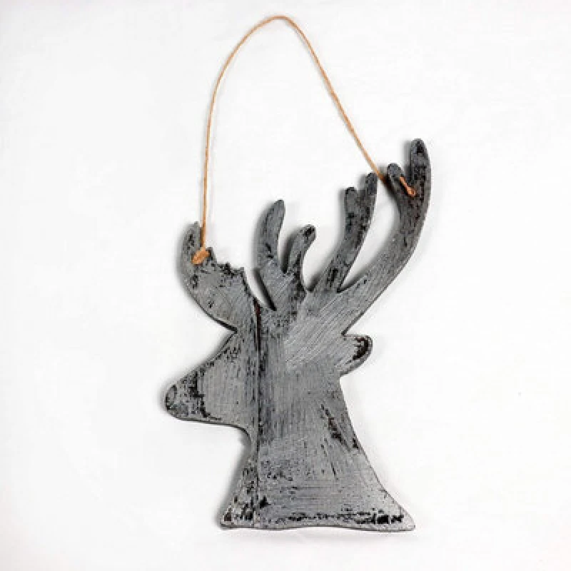 Image of Shatchi Silver Christmas Wooden Hanging Deer Wall Decoration Xmas Home Office Holiday Decorative Centrepiece 26cm Silver