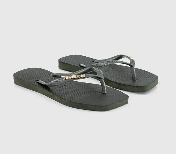 Image of Havaianas Womens Square Logo Metallic Flip Flops Olive Green, 5
