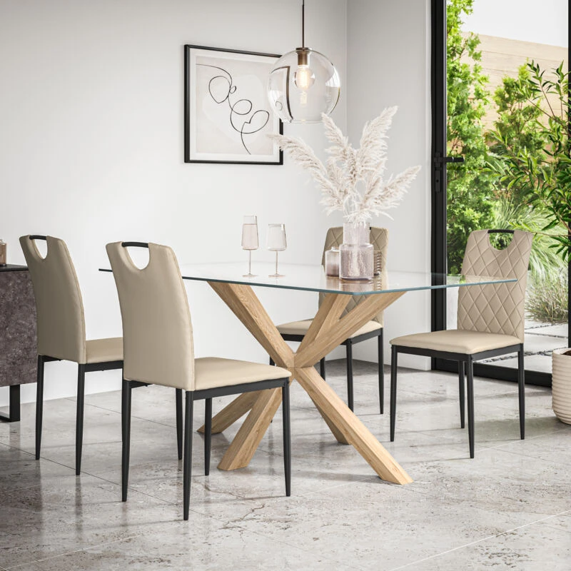Image of More4Homes Etta Glass Dining Table & Chairs - Glass Top w Solid Oak Legs + Monza Faux Leather Dining Chair Set Of 4 in Beige Beige Unisex