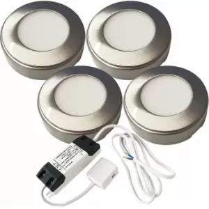 Image of 4x brushed nickel Round Surface or Flush Under Cabinet Kitchen Light & Driver Kit - Natural White led